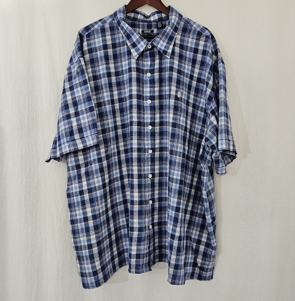 IZOD Short Sleeve Causual Button Down Shirt in Blue & White Plaid Men's Size 4XL